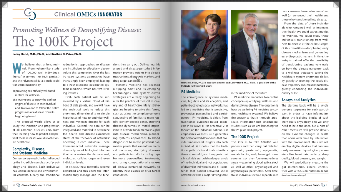 100K Wellness Project article in Clinical Omics written by ISB's Lee Hood and Nathan Price.